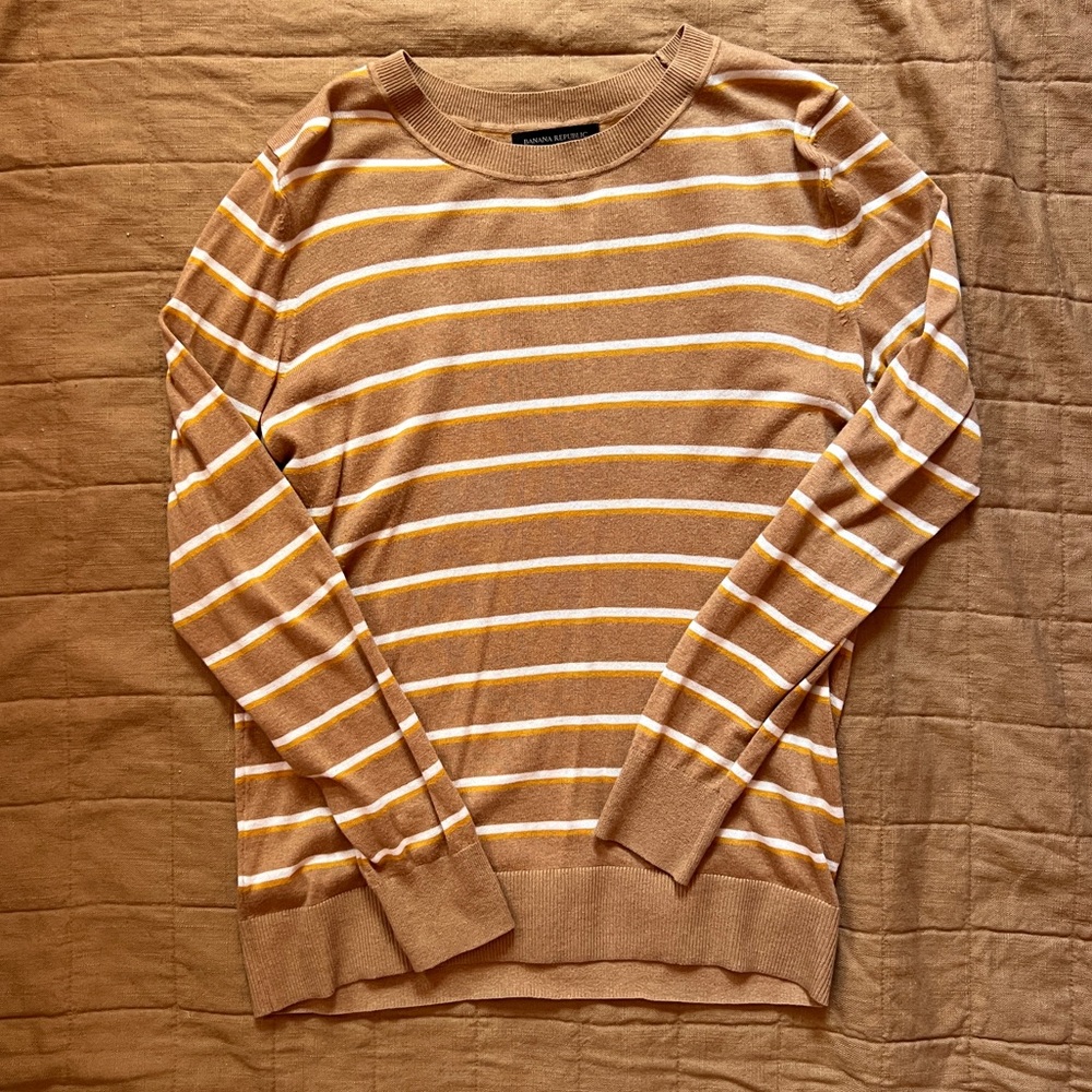 Tan Sweater with White & Yellow Stripes size Medium